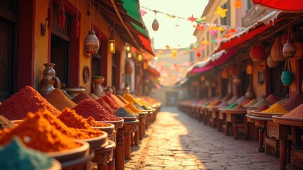 Colorful spice pyramids displayed in traditional moroccan market street, vibrant souk with hanging lanterns and decorations, concept of spice trade, travel tourism, cuisine
