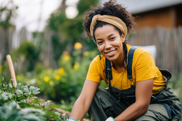 Fototapeta premium Happy woman working in her lush green backyard garden. Cheerful female gardener planting and caring for organic flowers or vegetables at home.
