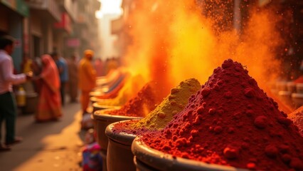Indian spice markets with powders exploding in colorful clouds swirling, authentic saris flowing dynamically, glowing henna designs pulsing rhythmically