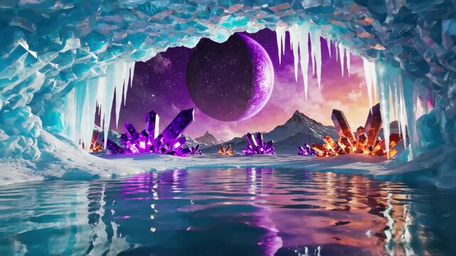 View from inside an ice cave looking out at a surreal alien landscape with a large purple planet in the sky and glowing crystals