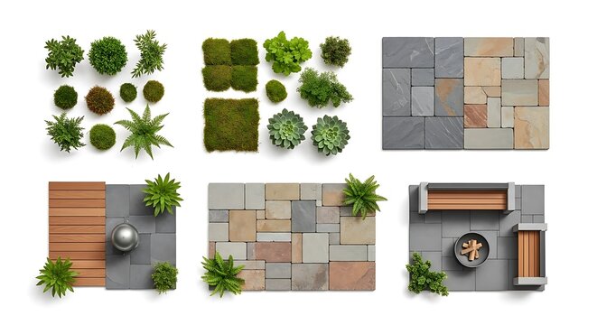 Outdoor patio design elements featuring plants and hardscaping materials isolated on white background