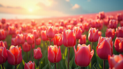 Vibrant red tulips blooming in endless field at sunset, spring flowers stretching to horizon with soft bokeh, concept of spring season, flower farming, gardening