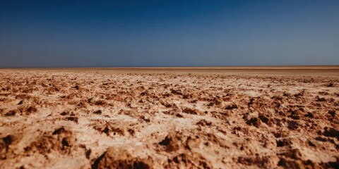 Vast arid coastal landscape with rugged sandy terrain under a clear blue sky ideal for travel branding, tourism marketing banner, and shoreline background