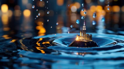 A Fantasy City on a Water Droplet with Glittering Lights and Reflections in a Dreamlike Scene
