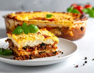Slice of layered, cheesy casserole with meat and herbs on a white plate, full casserole in background
