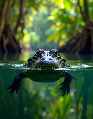 A large green frog partially submerged in water