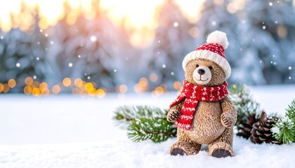 Cute Teddy Bear in Winter Wonderland Scene.
