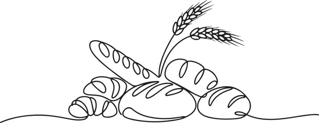 Bakery products with wheat ear in continuous line art drawing style. one line Art icon drawing vector © sadi