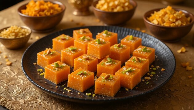 Mango burfi squares with pistachio garnish on plate