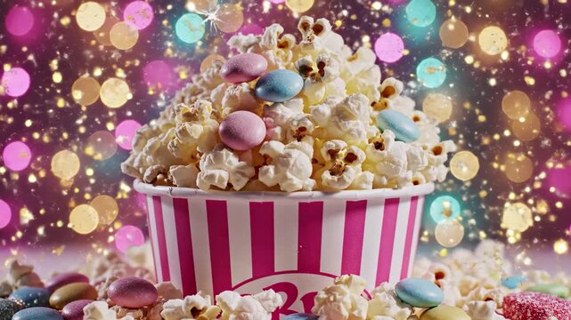 Popcorn with colorful candies in striped bucket against bokeh lights background