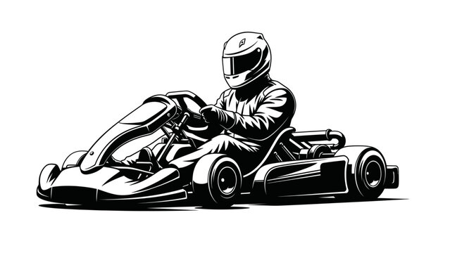 Go-kart Racer Driving Fast Karting Vehicle with Helmet, Motorsports Illustration