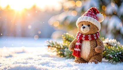 Cute Teddy Bear in Winter Wonderland Scene.