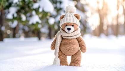 Cute Teddy Bear in Winter Wonderland Scene.