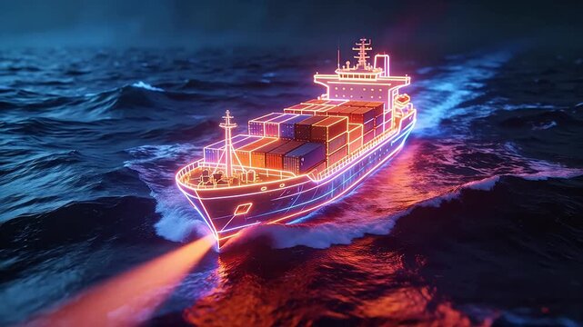 Neon cargo ship sailing on stormy ocean at night