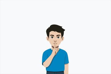 Flat vector illustration of a young man making a silence gesture with finger on lips, quiet sign concept, secrecy, confidentiality, minimal modern style isolated.