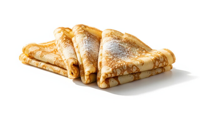 Thin French cr&ecirc;pes folded elegantly, isolated on white background