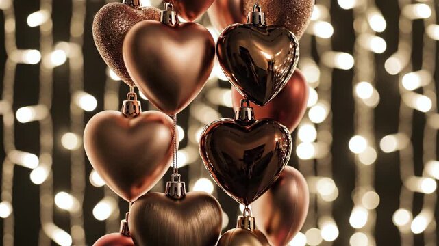 A cluster of rose gold and bronze heartshaped christmas ornaments hanging against a dark background with vertical strings of warm, glowing bokeh lights