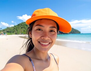 Smiling woman in an orange cap takes a selfie on a bright, sunny beach with turquoise water