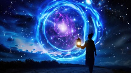 Obraz premium Mysterious Traveler Holding Lantern Under Cosmic Galaxy Portal in Night Sky