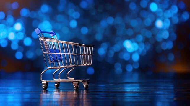 Shopping Cart on Wooden Floor Against Blue Bokeh Background in a Retail or E-commerce Context