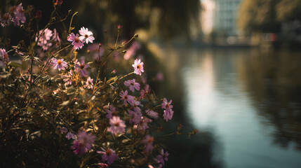 Obraz premium A serene scene of pink flowers blooming beside a calm reflective body of water in an urban setting