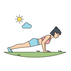 Fototapeta premium Young woman doing pushups on grass under sunny sky 