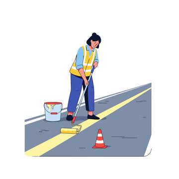 Woman painting safety lines on the road wearing a reflective vest  