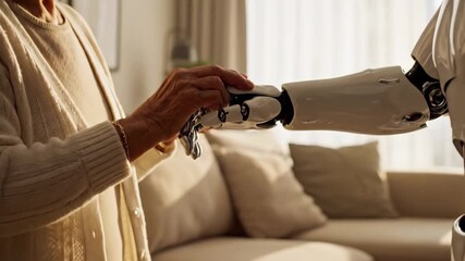 Closeup of an elderly persons hand gently holding a futuristic white and chrome robotic hand indoors