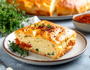 Slice of savory pie with filling, sitting on a plate with fresh herbs. More pie in background