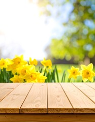 Daffodils on Wooden Deck in Spring Garden.
