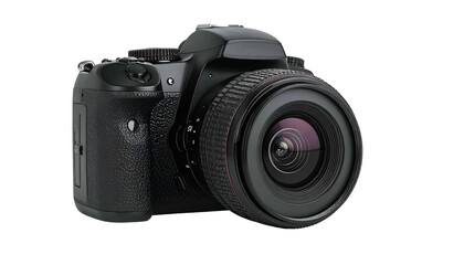 A professional black camera with a lens, isolated against a solid black background