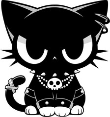punk cartoon cat with skull necklace and leather jacket, dark cute animal illustration with rebellious gothic attitude isolated on white background.
