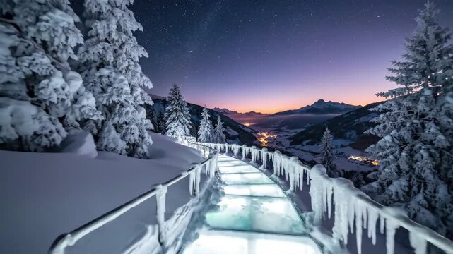 Illuminated glass skywalk path in snowy alpine landscape at twilight