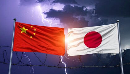 China and Japan flags with lightning and barbed wire under stormy sky symbolizing geopolitical tension and division.