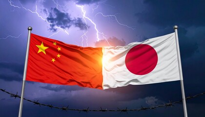 China and Japan flags with lightning and barbed wire under stormy sky symbolizing geopolitical tension and division.