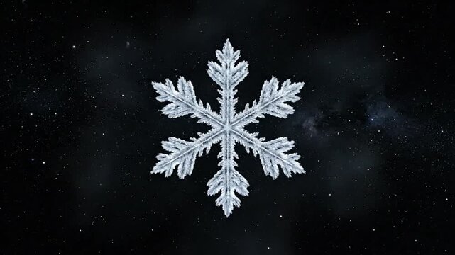 A decorative winter crystal snowflake illustration with a cold blue ice star pattern on a black background for a Christmas holiday season celebration card or December wallpaper design
