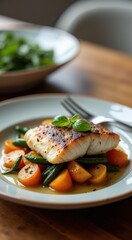 Paleo-friendly grilled fish and roasted vegetables food background