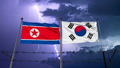 North Korea and South Korea flags with lightning and barbed wire under stormy sky symbolizing division and conflict.