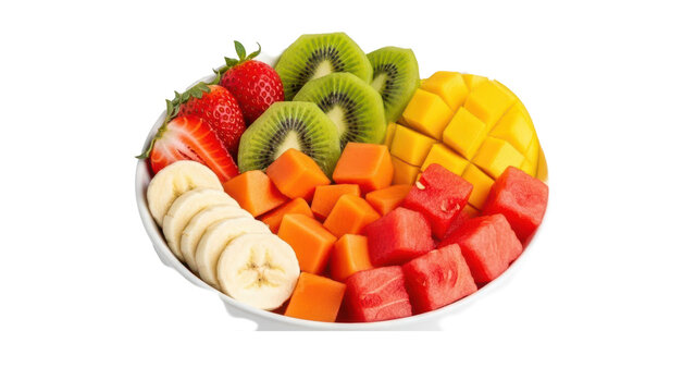 Tigela branca com salada de frutas em fundo branco morango, kiwi, banana, mam&atilde;o, manga e melancia