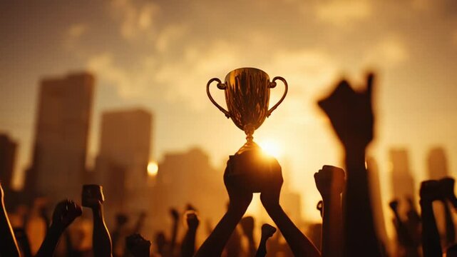 Triumphant moment with trophy held high in cityscape.