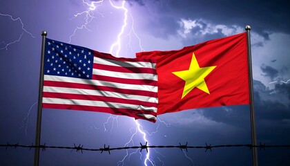 U.S. and Vietnam flags with lightning and barbed wire under stormy sky symbolizing historical conflict and geopolitical tension.