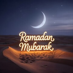 a serene nighttime desert scene featuring Ramadan Mubarak