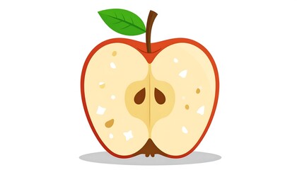 Sliced apple illustration with red skin, cream interior and brown seeds, with a green leaf on top