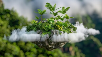 Lush Tropical Island with Palm Trees Hovering Above the Clouds in a Dreamlike Landscape