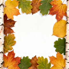 Fall Leaves Frame Made of Maple, Oak and Birch on White Background