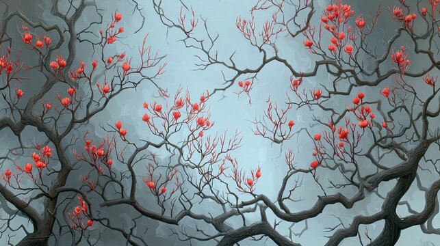 Branches with red flowers against a gray background in a scenic environment during early spring