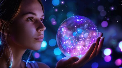 Naklejka premium Enchanting Woman Gazing at Magical Crystal Ball with Colorful Cosmic Glow and Starry Background
