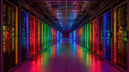 Colorful server room with illuminated panels in a data center at nighttime