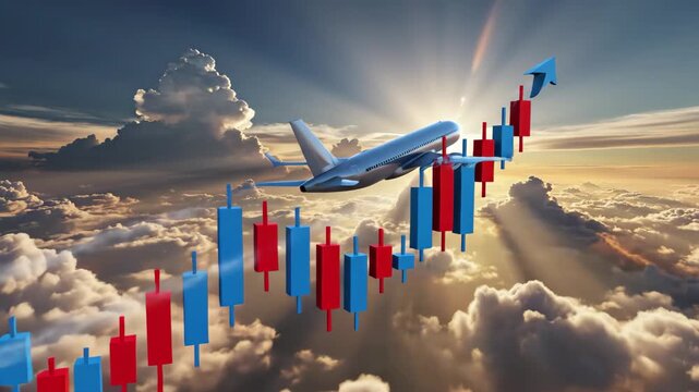 Airplane flying above clouds with financial candlestick chart showing market growth