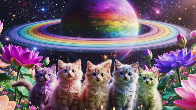 Five adorable kittens in a cosmic garden with rainbow saturn
